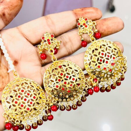 Beautiful Golden Plate Kundan Stylish Earring with Maang Tikka SR_6049