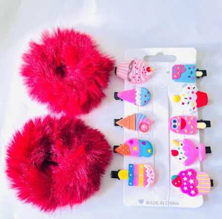 Beautiful Combo of Hair Accessories 2 Fur Rubbers With Unicorn Pins Card SR_4894