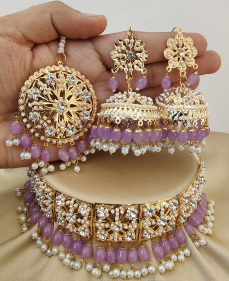 Precious Premium Quality Jadau Choker Neaklace With Beautiful Big Size Jumkie Earings And Big Size Tika SR_11418