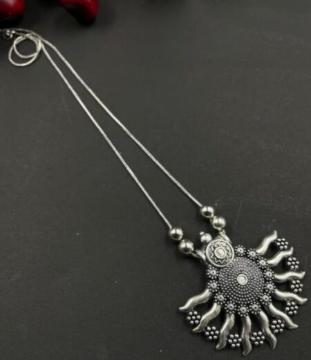 Beautiful Designer Silver-Toned Brass Oxidised Big Size Pendant Chain Necklace For Girls & Women SR_11593