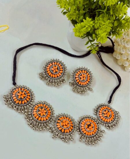 Oxidised Plated Yellow Meenakari Necklace Set SR_16035