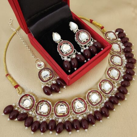 Pretty  Premium Quality Kundan Pearl Neaklace With Beautiful Earings Tika SR_18994