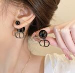 Elegant Black Pearl Stud Earrings with Stylish Logo Charm ✨ SR_1451