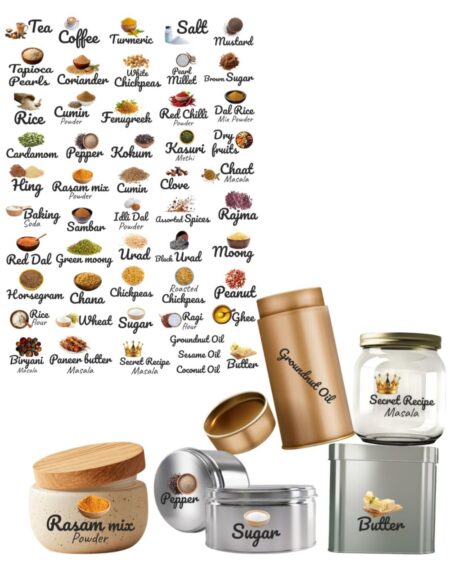 Real 3D Embossed Indian Kitchen Ingredient Stickers – 50+ Labels for Spices,(Pack of 2) Pulses, Flours, Masalas – Water, SR_58