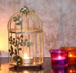 Gold Colour Metal Bird cage Tea Light Holder with Flower Vine for Home Décor SR_85527