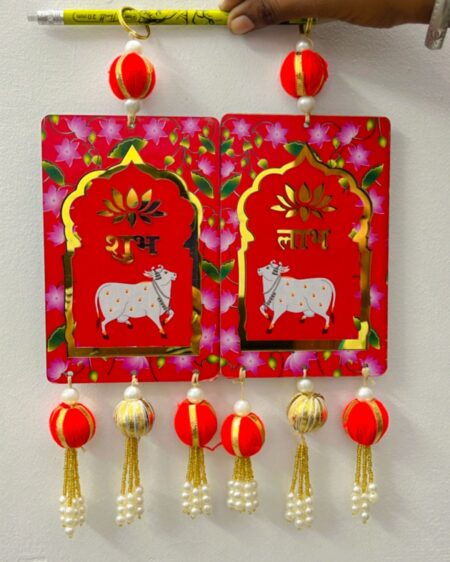 Wooden Shubh Labh Pichwai Cow Hanging for Main Door Entrance, Diwali Puja, Pooja Room, Home Temple, Mandir - Handmade Festive Decor Item 1 pair SR_85287