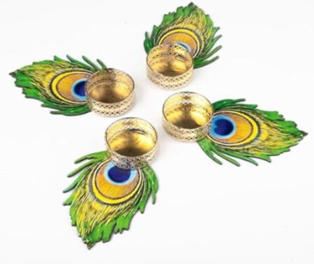 Mor Pankh Tealight Candle Holder – Elegant Peacock Feather Design for Home Décor & Festivals (Pack of 4) SR_1477