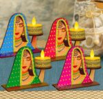 Rajasthani Lady Face Tea Light Candle Holder Set – Multicolor Wooden Decorative Diyas for Home, Festive Decor & Gifts (Pack of 2) SR=54126