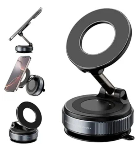 60° Rotating Magnetic Vacuum Suction Phone Mount for Car, Adjustable Suction Locking Holder for All Phones Perfect for Smooth Surfaces (X68 MagGrip Black) SR_512