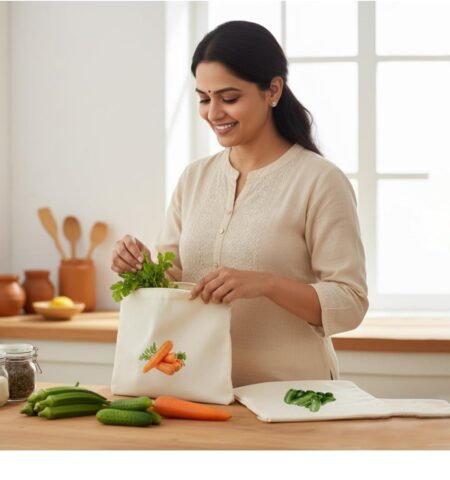 Reusable 100% Cotton Vegetable Bags for Fridge | Breathable & Washable Produce Storage Bags | Eco-Friendly Plastic-Free Cloth Organizer for Vegetables | 12x12 Inch | Pack of 10 SR_5787