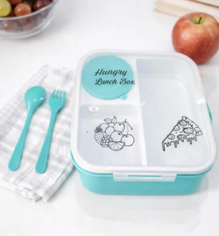 1 PC Lunch and Tiffin Box with Utensils, Turquoise and White, Compact Meal Container Set SR_57554