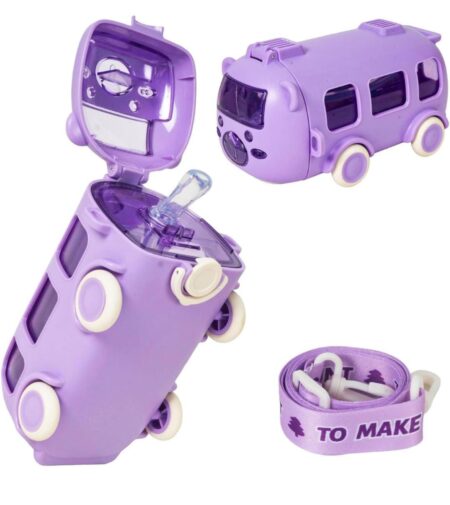 Kids Water Bottle With Strap, Purple Bus Design, Portable Beverage Container for Children, Novelty Vehicle Shape With Carrying Lanyard SR_877454