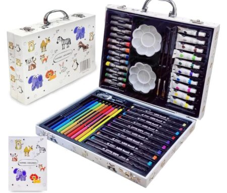 Knick Knack Art Kit For Kids with Multicolor Briefcase which contains 12 Oil Pastel Colors, 10 Water Colors, 12 Sketch Pens and 12 Pencil Colors (Animal) SR_5784