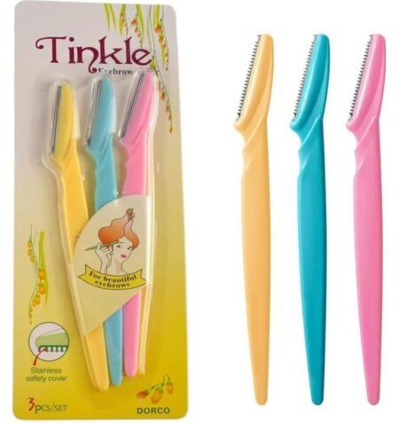 Tinkle Eyebrow Razor with Stainless Steel Blade and Safety Cover, Precision Shaper for Facial Hair Removal, 3 Piece Set SR_6895