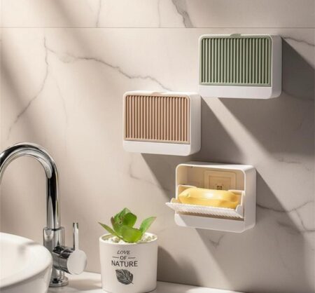 Adhesive Soap Holder for Bathroom and Kitchen | Durable Plastic Soap Case with Cover – No Drill Installation (White & Grey) (Pack of 1) SR_45878