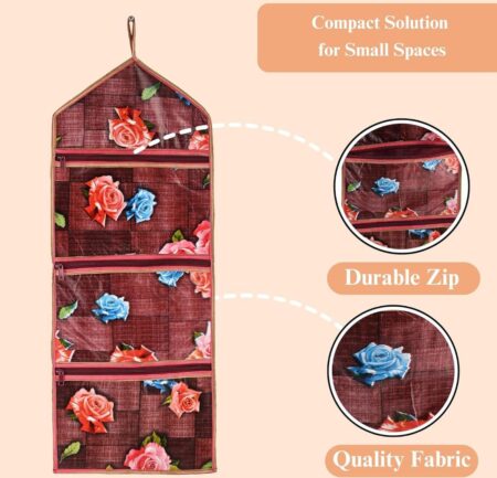 Foldable Hanging Organizer | PVC Flower Pattern Document Holder | 3 Pocket Wall Hanging Holder with Zipper SR_87848