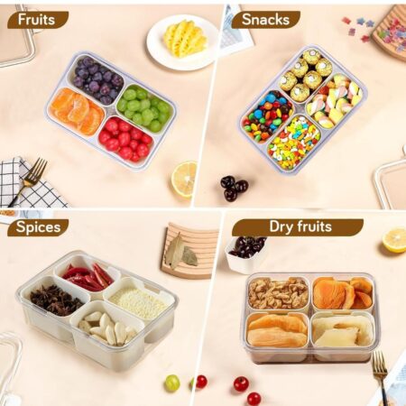 Plastic Divided Serving Tray with Lid and Handle Snack Box Charcuterie Container Portable Snack Platters Organizer for Candy, Fruits, Snacks, Nuts, for Party, Entertaining (White 4 compartments) SR_54854
