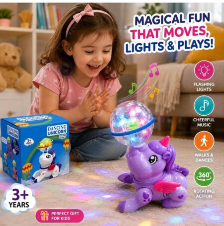 Unicorn Toy for Kids with Rotating Flashing Light Ball | Musical Walking Unicorn, Colorful LED Lights, Bump & Go Action Toy | Interactive Unicorn Gift for Boys & Girls Ages 3+ SR_65656