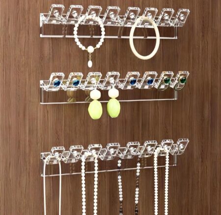 Acrylic Transparent Wall Hanging Necklace Holder Rack Self Adhesive Jewelry Hooks Cupboard Door Storage Clear 11.8"(Pack Of-3) SR_65645