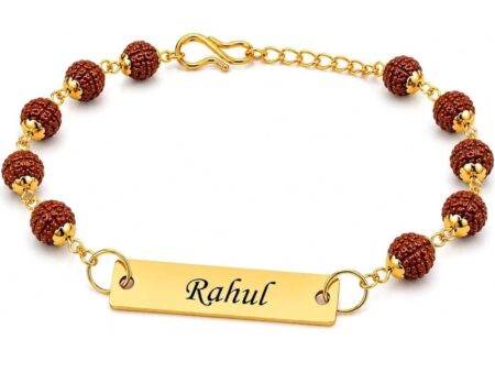Personalized Rudraksha Rakhi Bracelet with Name, Radha Bracelet for Brother, Customized ID Bracelet with Rudraksha Beads, Gold SR_656546