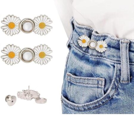 Adjustable Waist Buckle for Loose Jeans Pants waist knot jeans tighter (1 Pair New White Flower pin) SR_55645