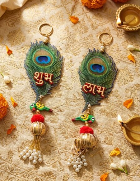 Mor Pankh Door for Pooja Mandir & Diwali Decoration | Shubh Labh Style Main Door Hanging Decoration Item ( 1 Pair ) SR_6565