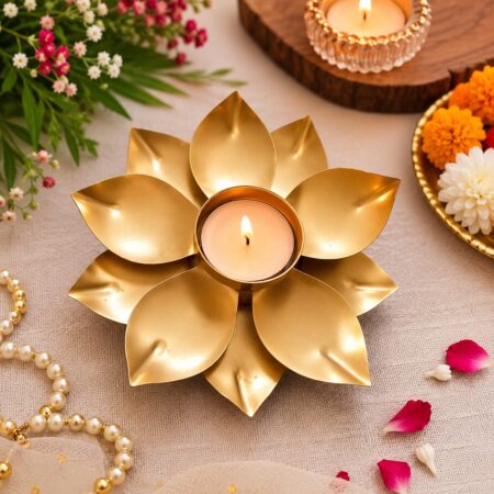 Amishi Blissful Decors Golden Metal Small Lotus Shape Tealight Holder Dias for Decoration Diwali Festival Home D�cor ( Pack  of 2 ) SR_11187