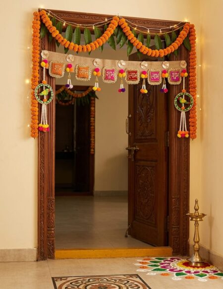 Ridhi Sidhi Toran | Shubh Labh Pillow Bandarwal 40 Inches |Diwali Decoration Door Hanging Toran (Shubh Labh and Ridhi Sidhi Mini Pillows, Gota Bangles, Wooden Parrot, Tassel, Pompom) SR_68565