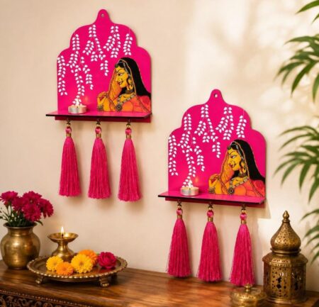 Rajasthani Bride Decorative Wall Shelf with Tassels Green Color| Wooden Wall Hanging Organizer for Home Décor, Keys, Small Décor Items, Mandir, Entryway & Gift 2 PC SR_6698