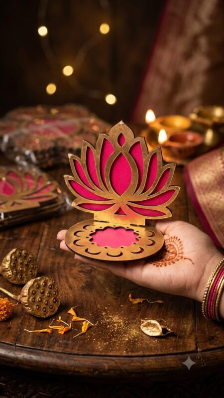 Pack of 2 Decorative MDF Wooden Pink Golden Lotus T Light Holder Candle Stand Tealight Holder( Pink or Red ) SR_565