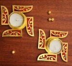 Swastik Tea Light Candle Holder Set of 2 for Home Decoration | Traditional Red & Gold Diya Candle Stand for Diwali Pooja Decor |SR_5454