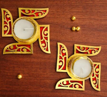Swastik Tea Light Candle Holder Set of 2 for Home Decoration | Traditional Red & Gold Diya Candle Stand for Diwali Pooja Decor |SR_5454