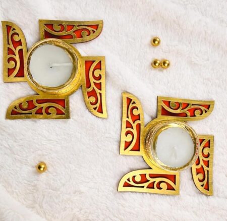 Swastik Tea Light Candle Holder Set of 2 for Home Decoration | Traditional Red & Gold Diya Candle Stand for Diwali Pooja Decor |SR_5454