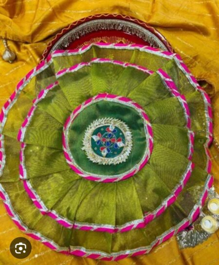 Decorative Aarti Thali Cover with Golden Border for Haldi Wedding Ceremonies, Puja Rituals, Thaal Cover Table Decor  SR_5454