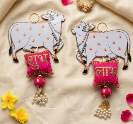 Red Shubh labh Cushions Hangings with MDF Cow Set with Beads latkan/Diwali Decoration Hanging for Main Door # mandir Wall # use for Gifting Purpose  ( Pack Of 2 )SR_1113