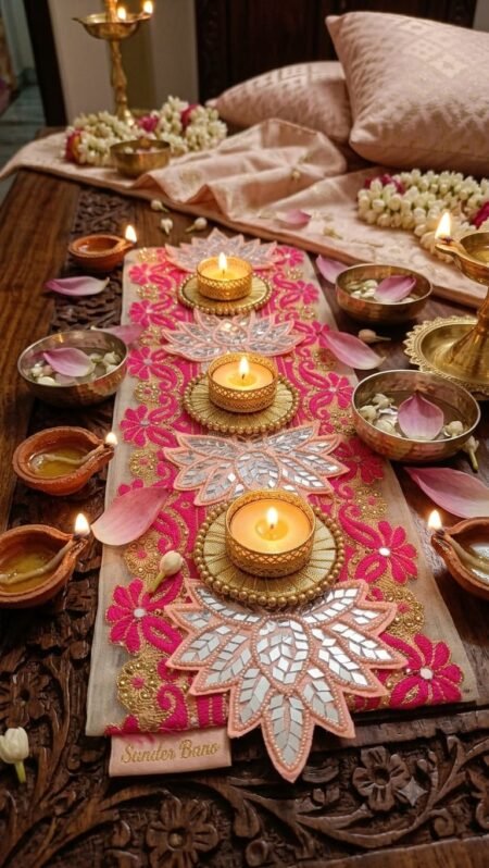 Table Runner with LED T-Light, Decorative Lotus Flower Table Decor for Home |Festive -Diwali Decoration| SR_6565