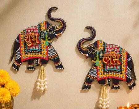 Wood Shubh Labh for Door Entrance,1 Pair ; Blue Elephant Side Door Hangings Toran for Home Decoration Door Tags Diwali Shoon/Soohn/Shun for Home & Mandir SR_5454