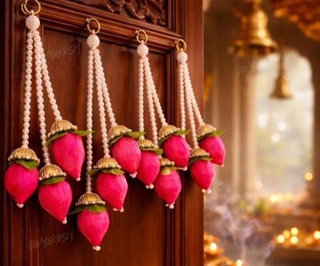 Lotus Hanging Decoration for Pooja Room Mandir Decor Pack of 2 , 12 Inch Solawood Lotus Bud Toran with Pearl Strings Door Wall Festival Diwali  SR_35465