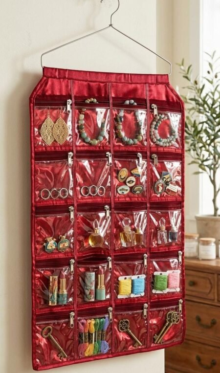 Jewellery Organiser / MultiPurpose Organiser / Stationery Organiser / Handicrafted Satin Hanging Jewellery Organiser with 20 Pouches (Maroon) 1 PC SR_6565