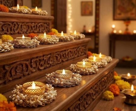 Tea Light Candle Holder Set, Handcrafted Golden Gota Work with Pearl & Rhinestone Embellishments, Decorative Diya Holders for Diwali, Pack of 2 SR_6565