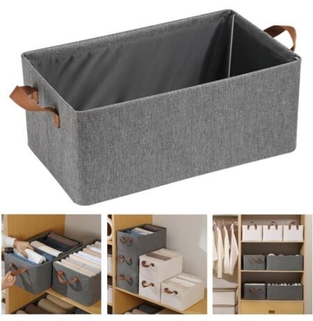 Grey buy pack of 1 Premium Foldable Fabric Storage Basket with Leather Handles | Large Collapsible Wardrobe Organizer Bin for Clothes, SR_685695